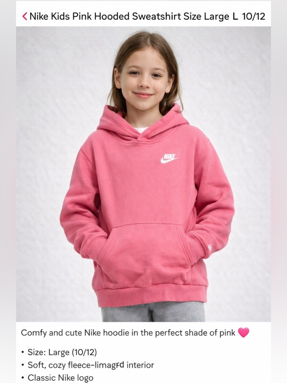 Nike Kids Pink Hoodie Size Large 10/12 Pullover Sweatshirt